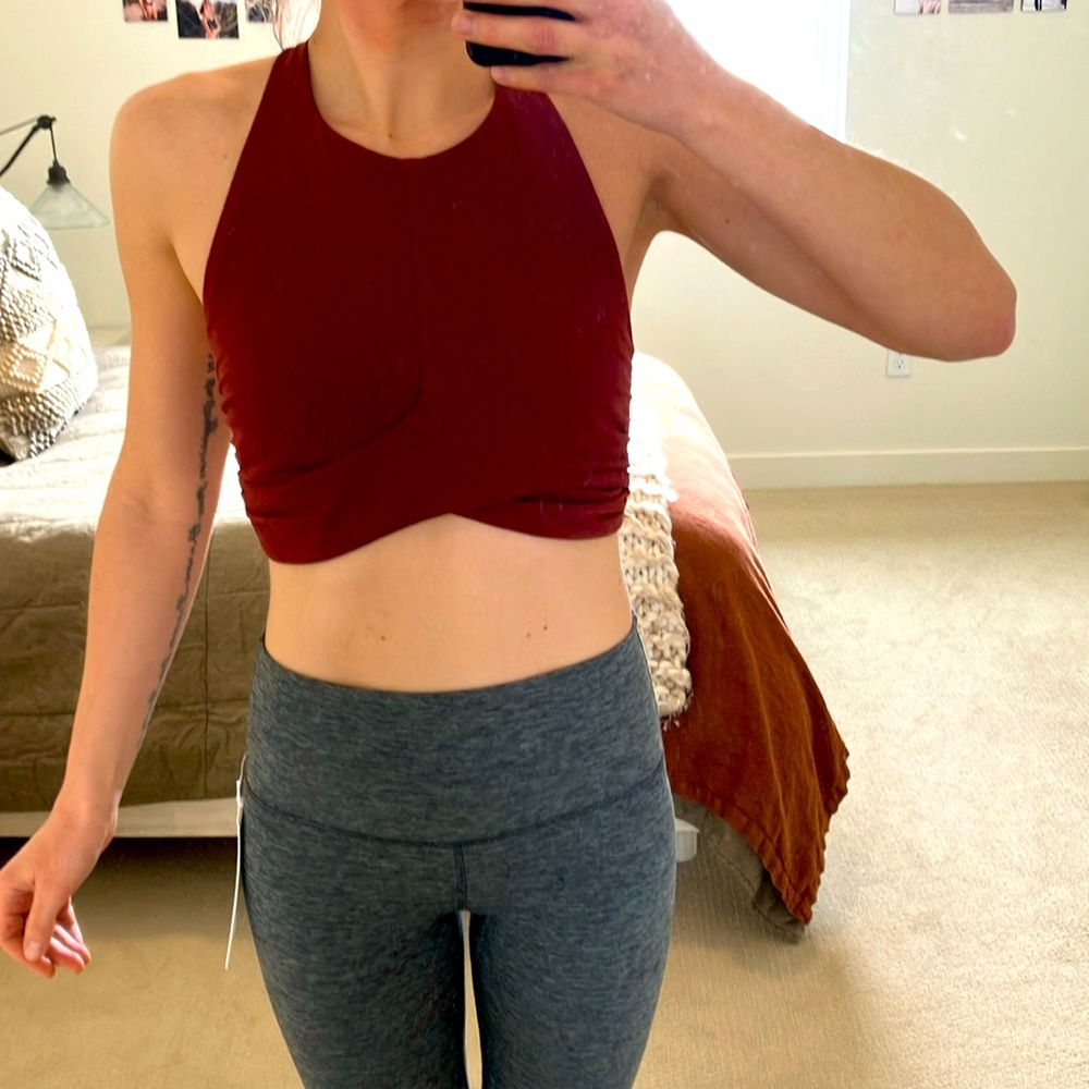 Lululemon high neck wine red bra with front wrap detail and strappy back size 6